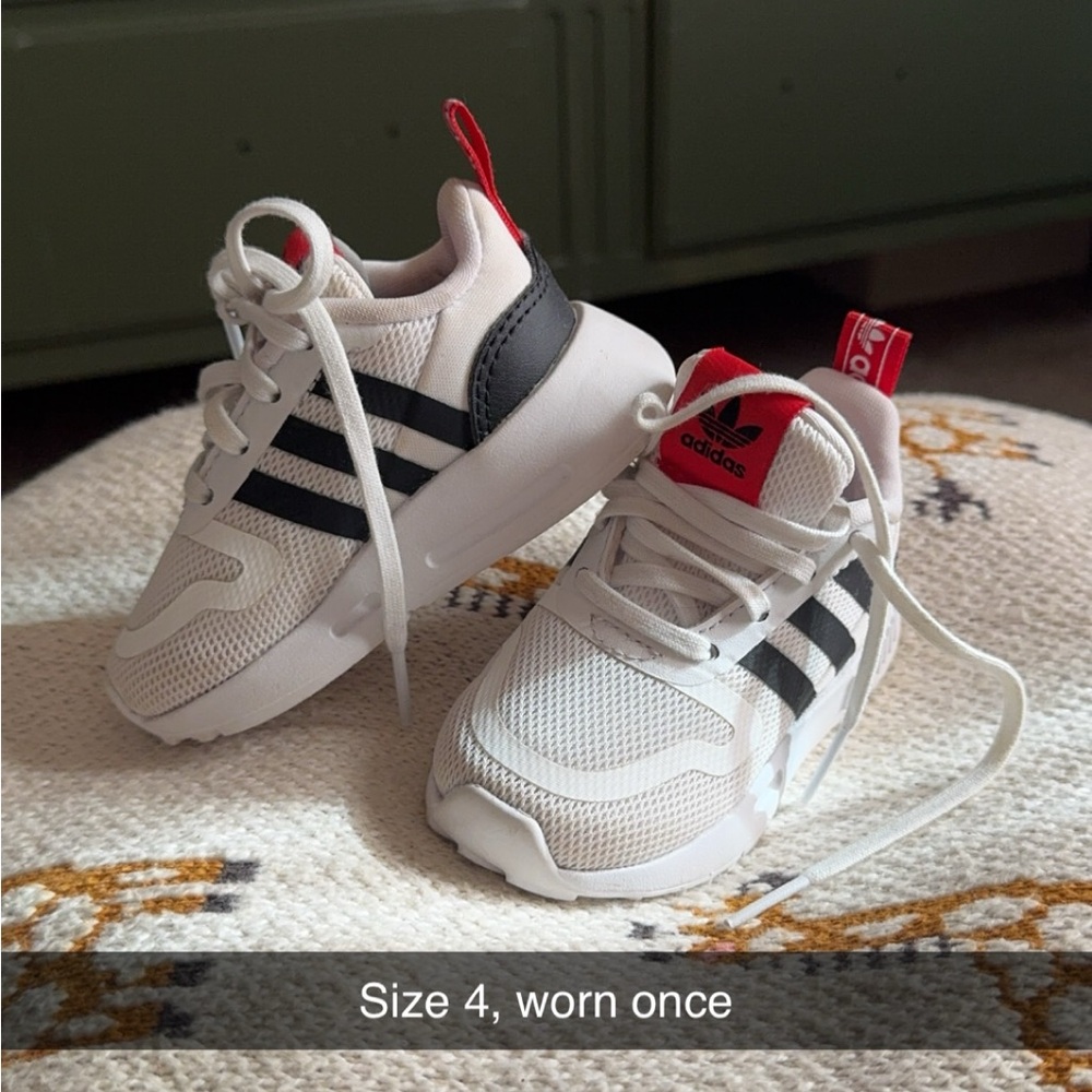 adidas Kids White Sneakers with Black Three Stripes and Red Heel Tabs
